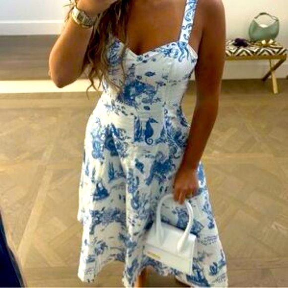 NWT Avec Les Filles | Blue Toile Sea Creatures Ship Cotton Midi Dress White Blue - Picture 1 of 12